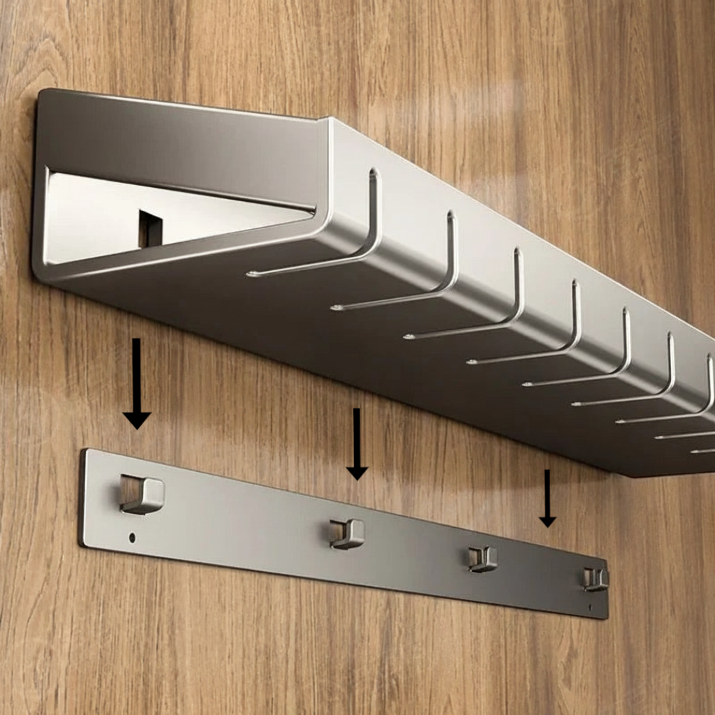 Étagère murale de cuisine pour épices en aluminium gris avec crochets de suspension, vendue par Royaume de L'Étagère