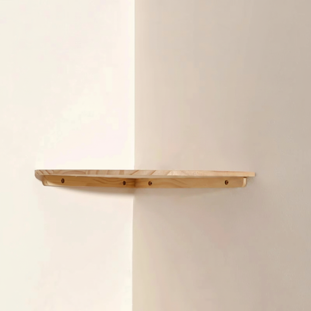Étagère murale d'angle Cornelia en bois clair par Royaume de L'Étagère, fixée dans un coin de mur aux bords arrondis.