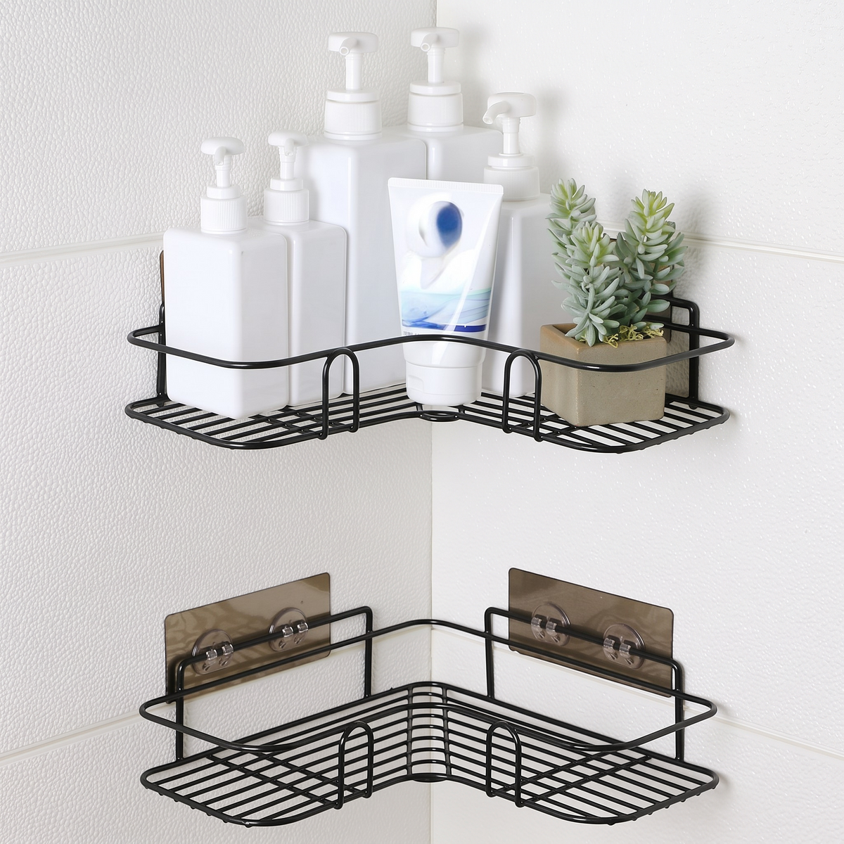 Étagère murale d'angle Royaume de L'Étagère en métal noir, fixation sans perçage pour produits de douche