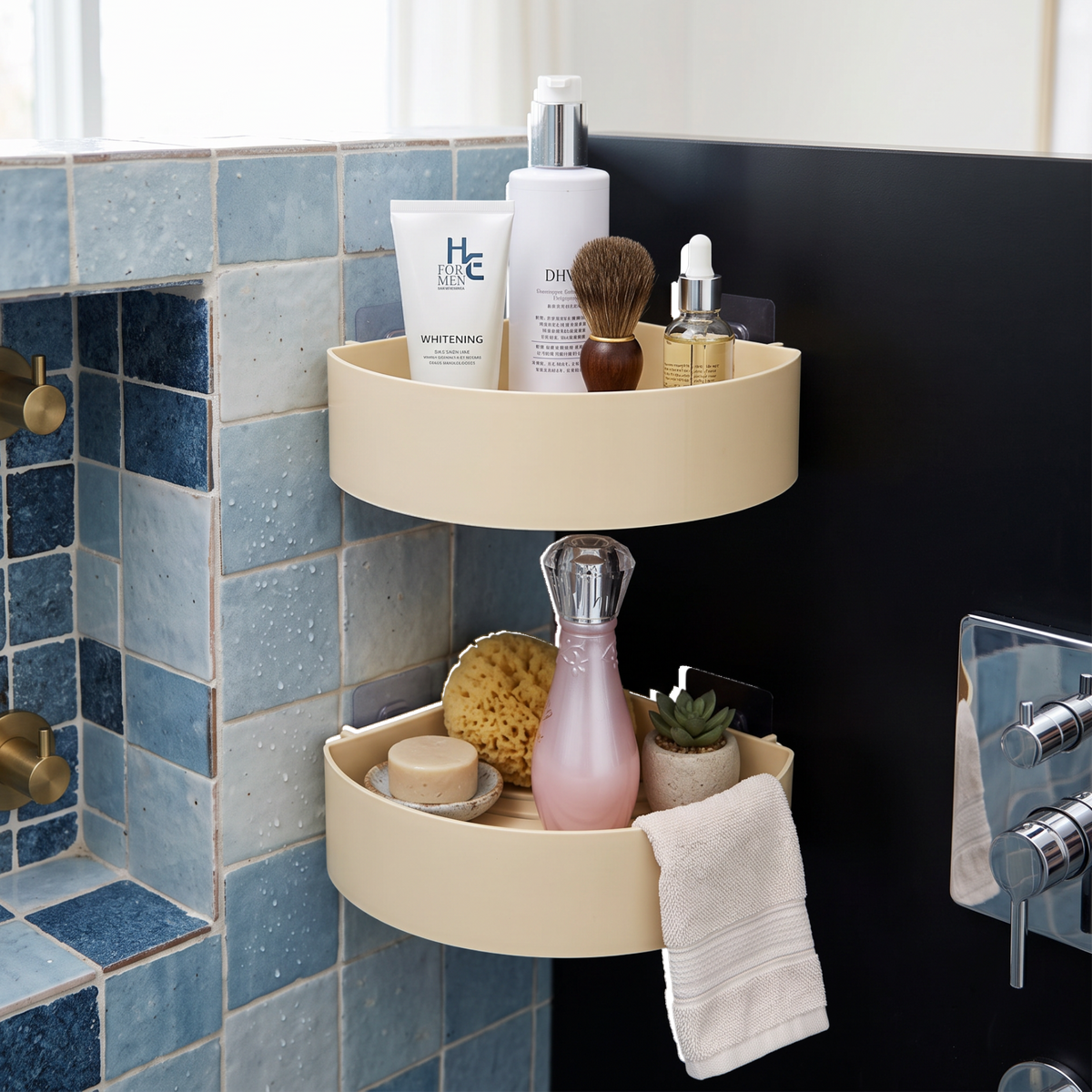 Étagère murale d'angle Royaume de L'Étagère beige sans perçage avec ventouses pour accessoires de salle de bain