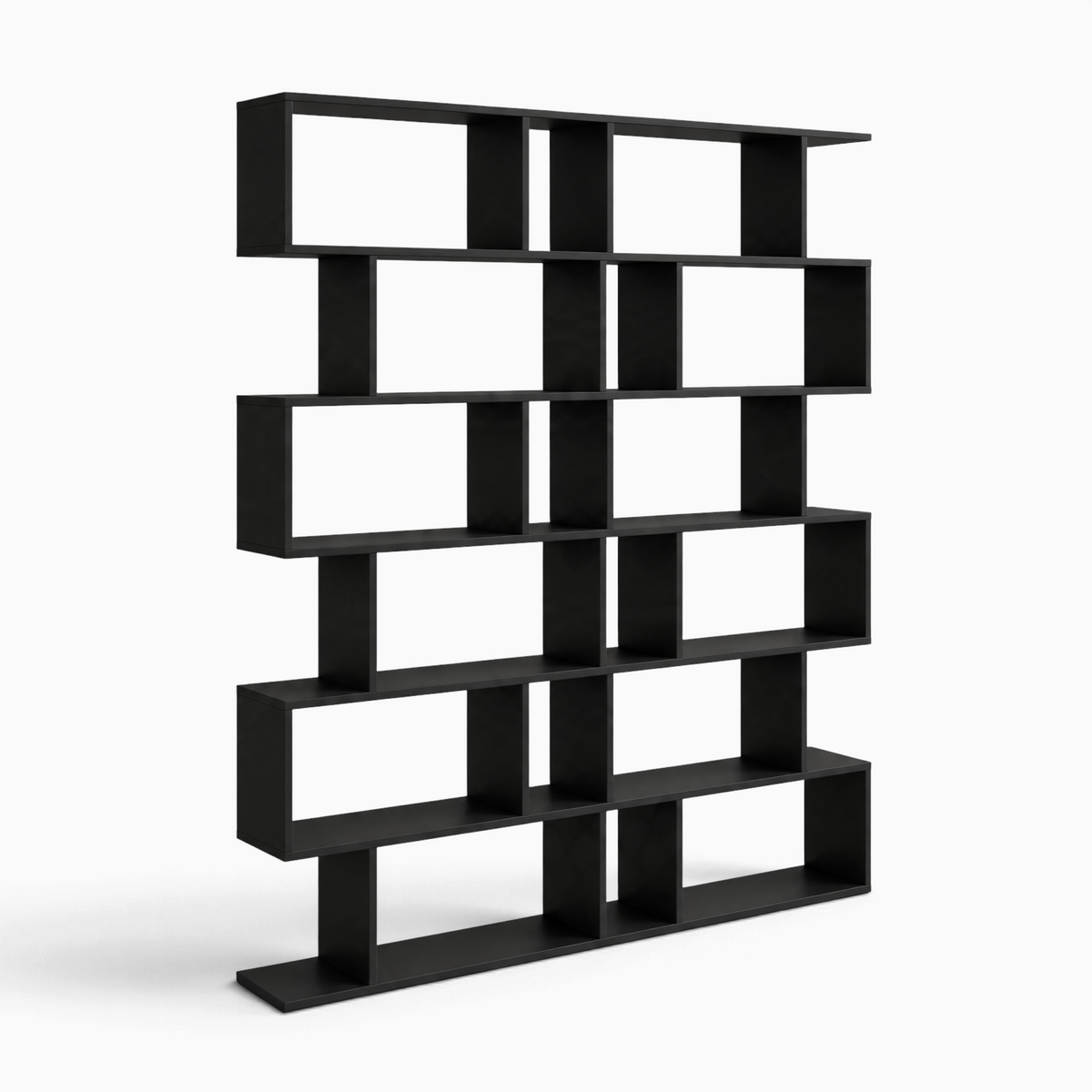 Bibliothèque noire moderne Royaume de L'Étagère Séloria avec six niveaux de rangement ouverts et design graphique