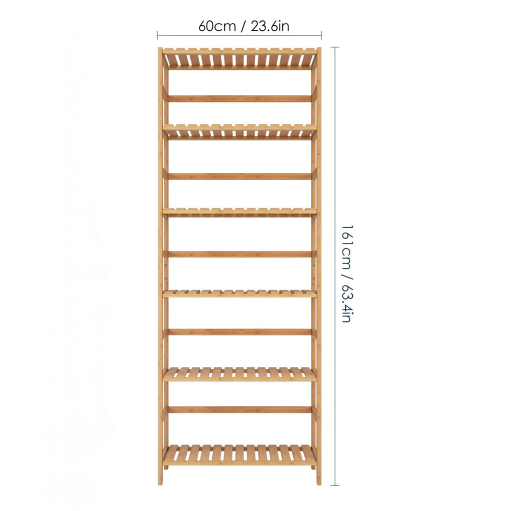 Étagère en bambou Royaume de L'Étagère à 6 tablettes réglables avec dimensions indiquées sur fond blanc