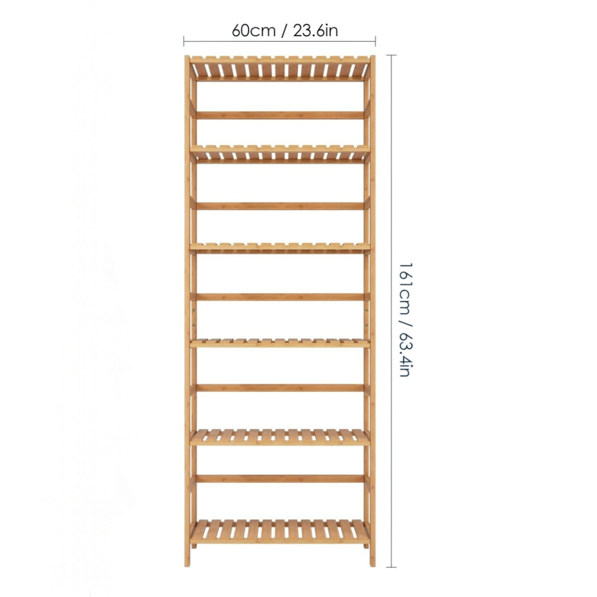 Étagère en bambou Royaume de L'Étagère à 6 tablettes réglables avec dimensions indiquées sur fond blanc