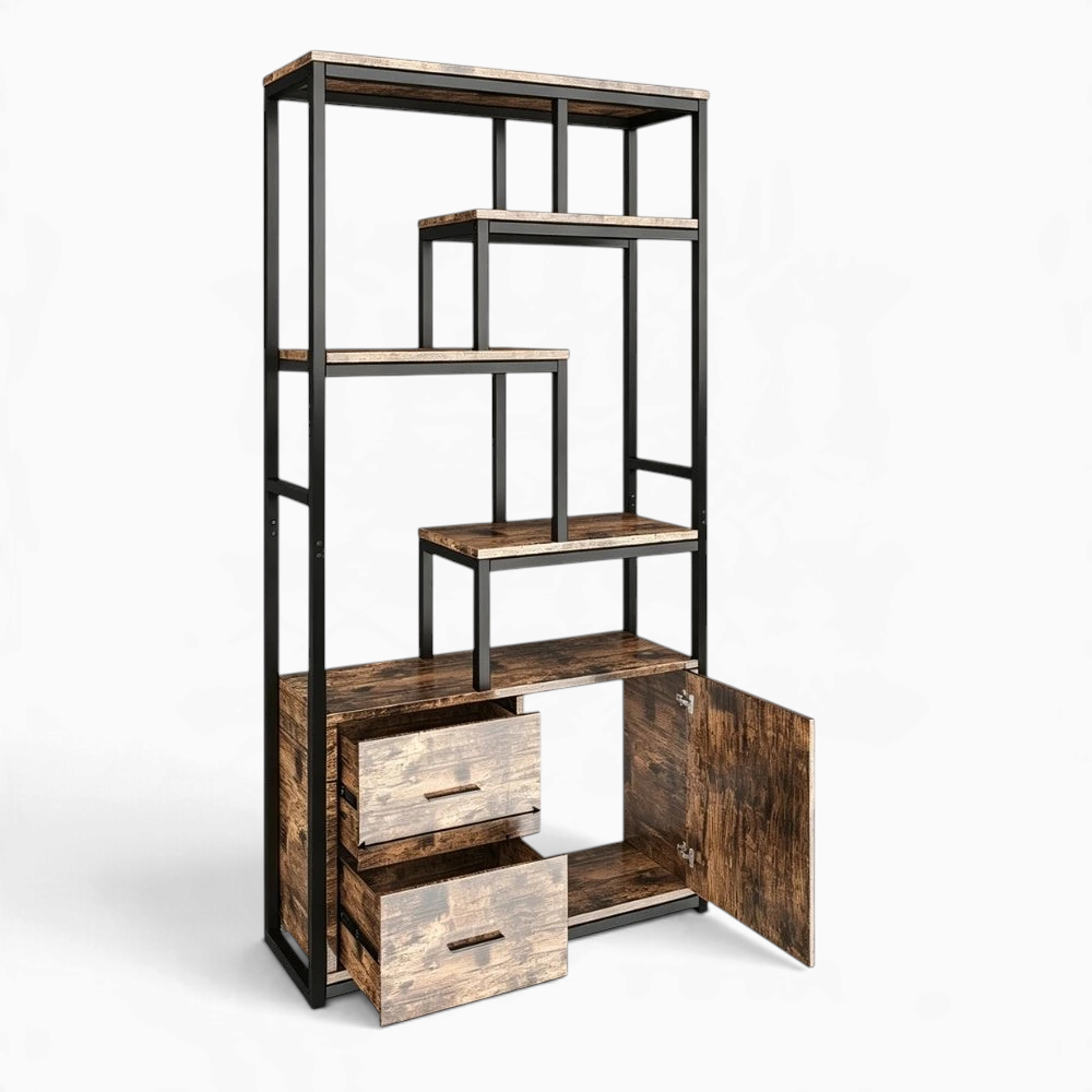 Bibliothèque Royaume de L'Étagère Astéria style industriel avec cadre noir, tablettes bois, deux tiroirs et porte