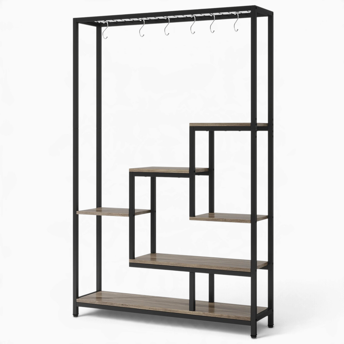 Étagère à plantes Royaume de L'Étagère en métal noir et bois avec tablettes décalées et crochets de suspension