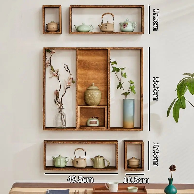 Royaume de L'Étagère étagère murale chinoise en bois de paulownia brun avec compartiments pour objets décoratifs