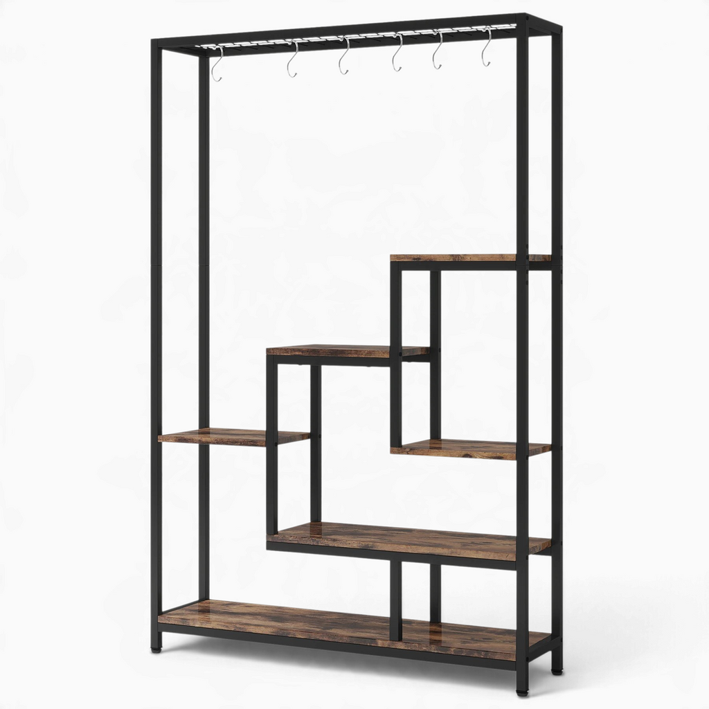 Étagère à plantes Royaume de L'Étagère Floréa en métal noir avec tablettes en bois décalées et crochets suspendus