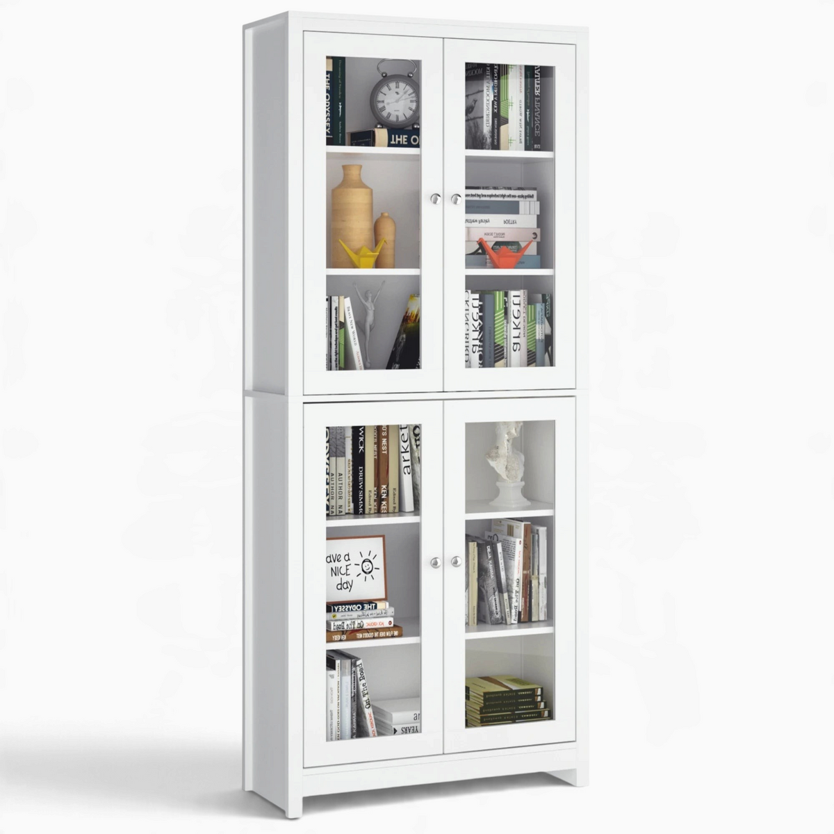 Bibliothèque vitrine blanche Royaume de L'Étagère avec 4 portes en verre et 6 niveaux de rangement pour livres