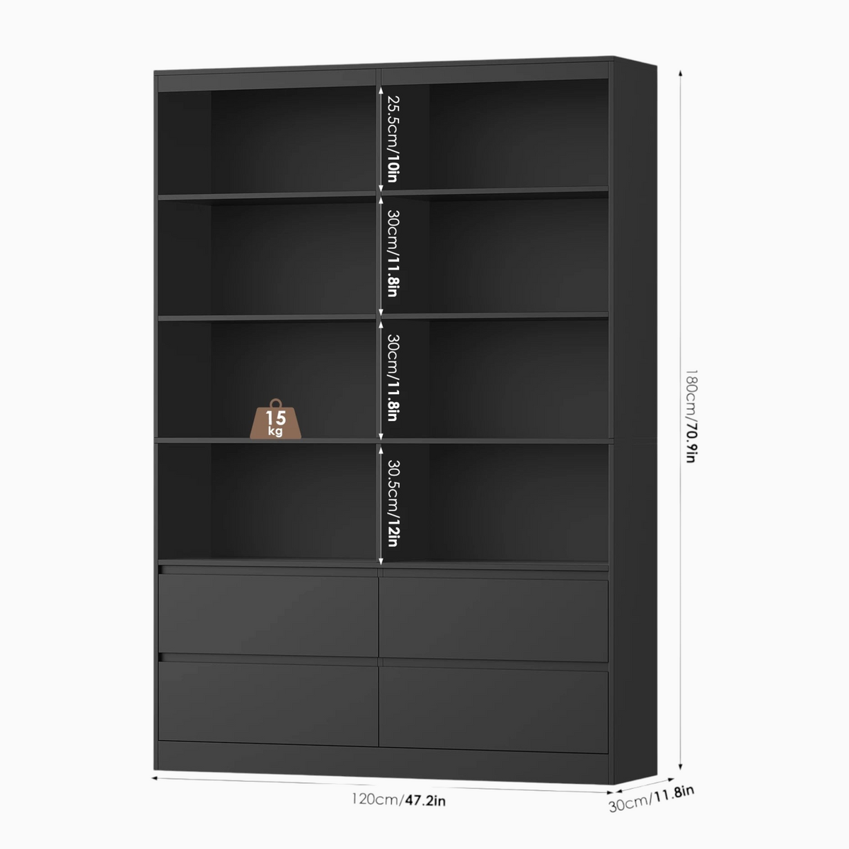 Bibliothèque large noire Royaume de L'Étagère avec 8 étagères ouvertes et 4 tiroirs de rangement, vue technique
