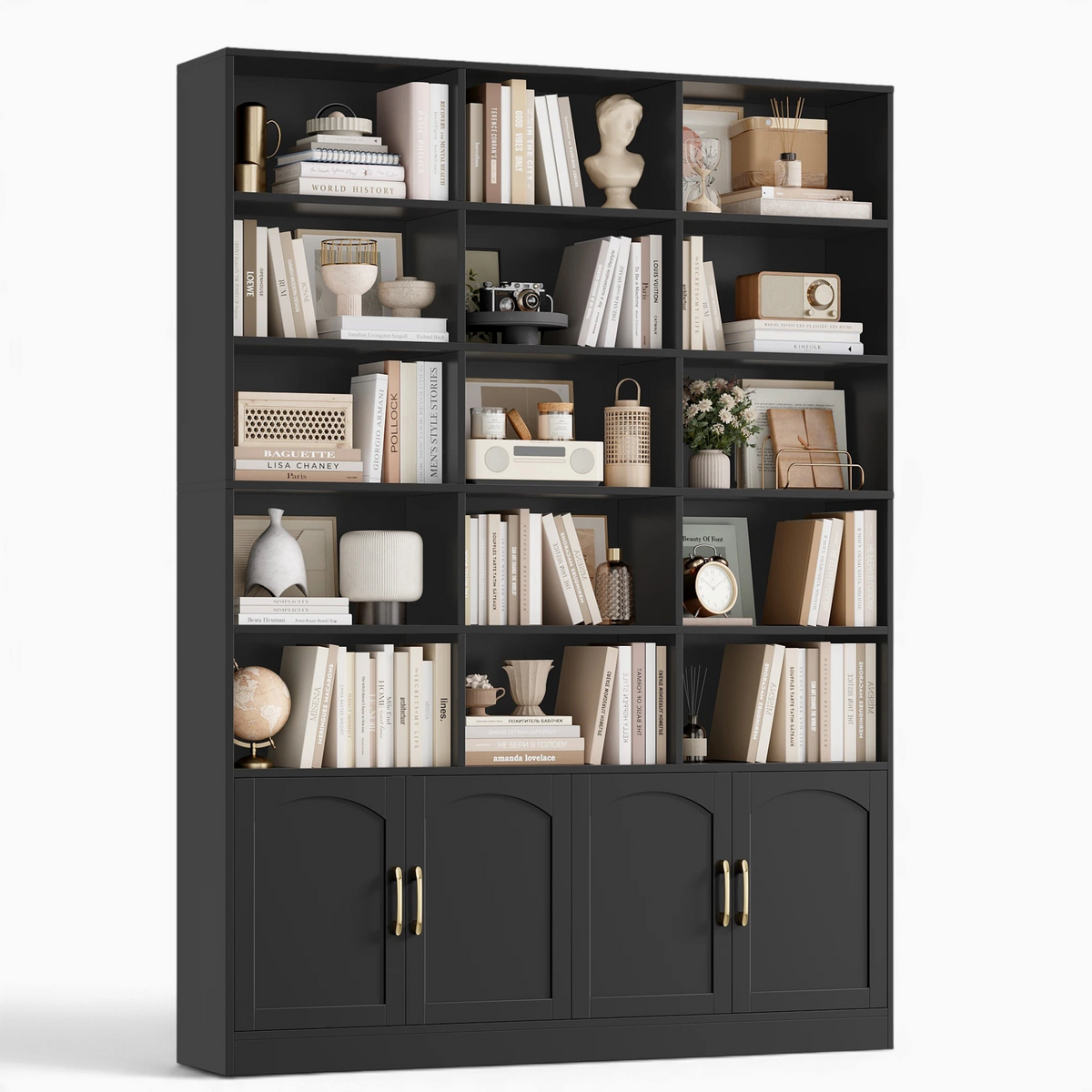 Grande bibliothèque noire Royaume de L'Étagère Altéa avec 15 niches ouvertes et 4 portes basses pour rangement