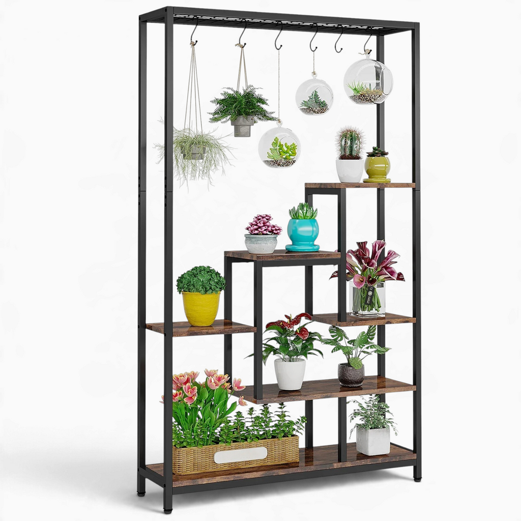 Étagère à plantes Royaume de L'Étagère en métal noir et bois avec tablettes décalées et crochets pour plantes