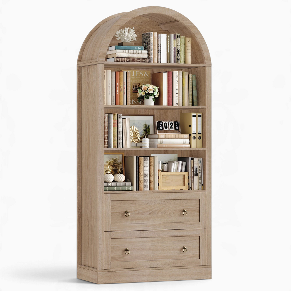 Bibliothèque cintrée en bois Royaume de L'Étagère avec quatre étagères ouvertes et deux tiroirs de rangement inférieurs