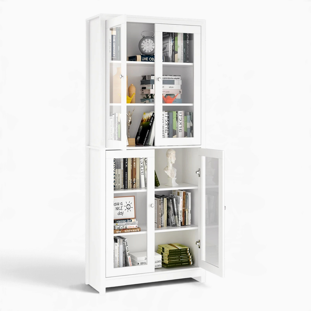 Bibliothèque vitrine blanche Luméa Royaume de L'Étagère avec 4 portes vitrées et 6 niveaux de rangement