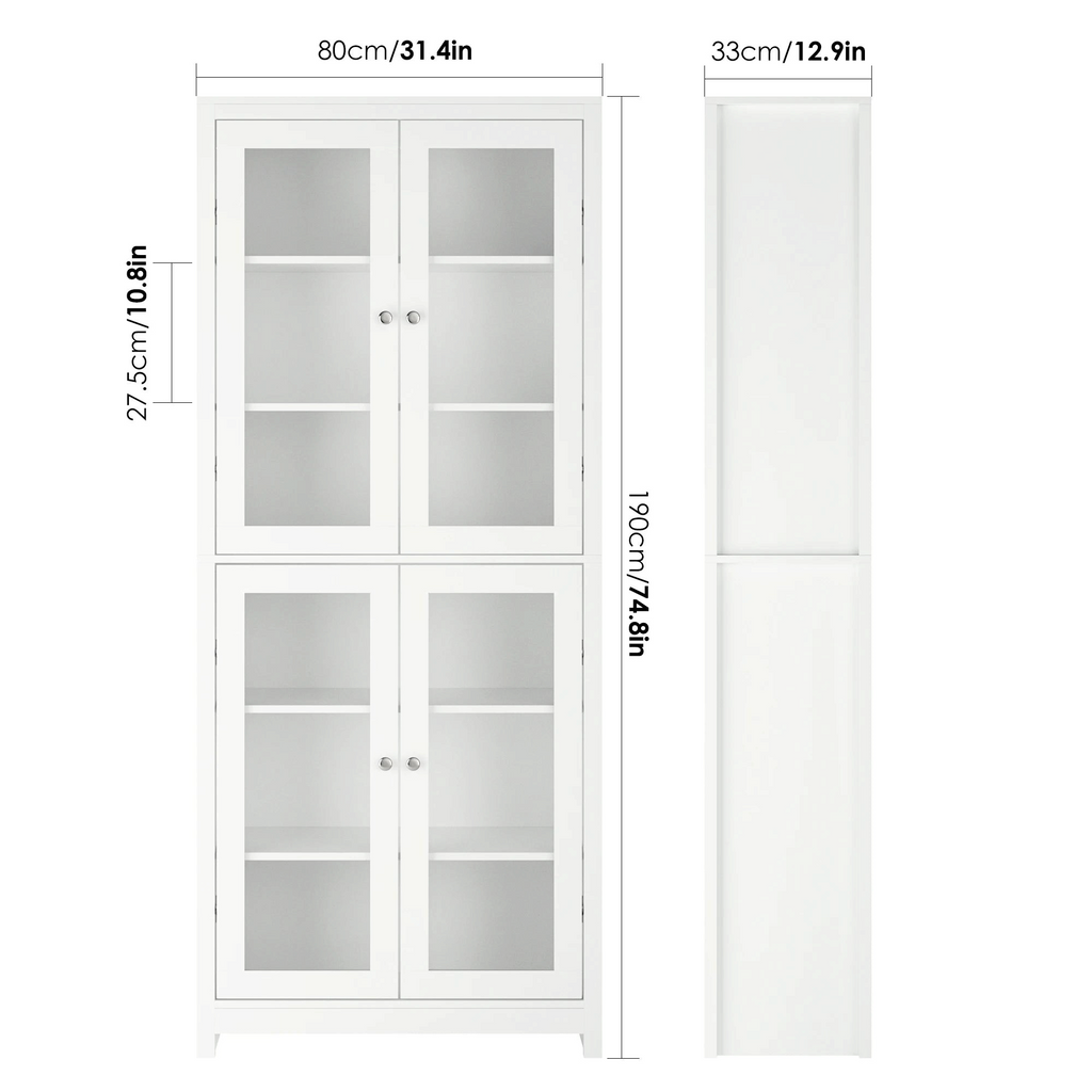 Bibliothèque vitrine blanche Luméa Royaume de L'Étagère avec 4 portes vitrées et dimensions techniques affichées
