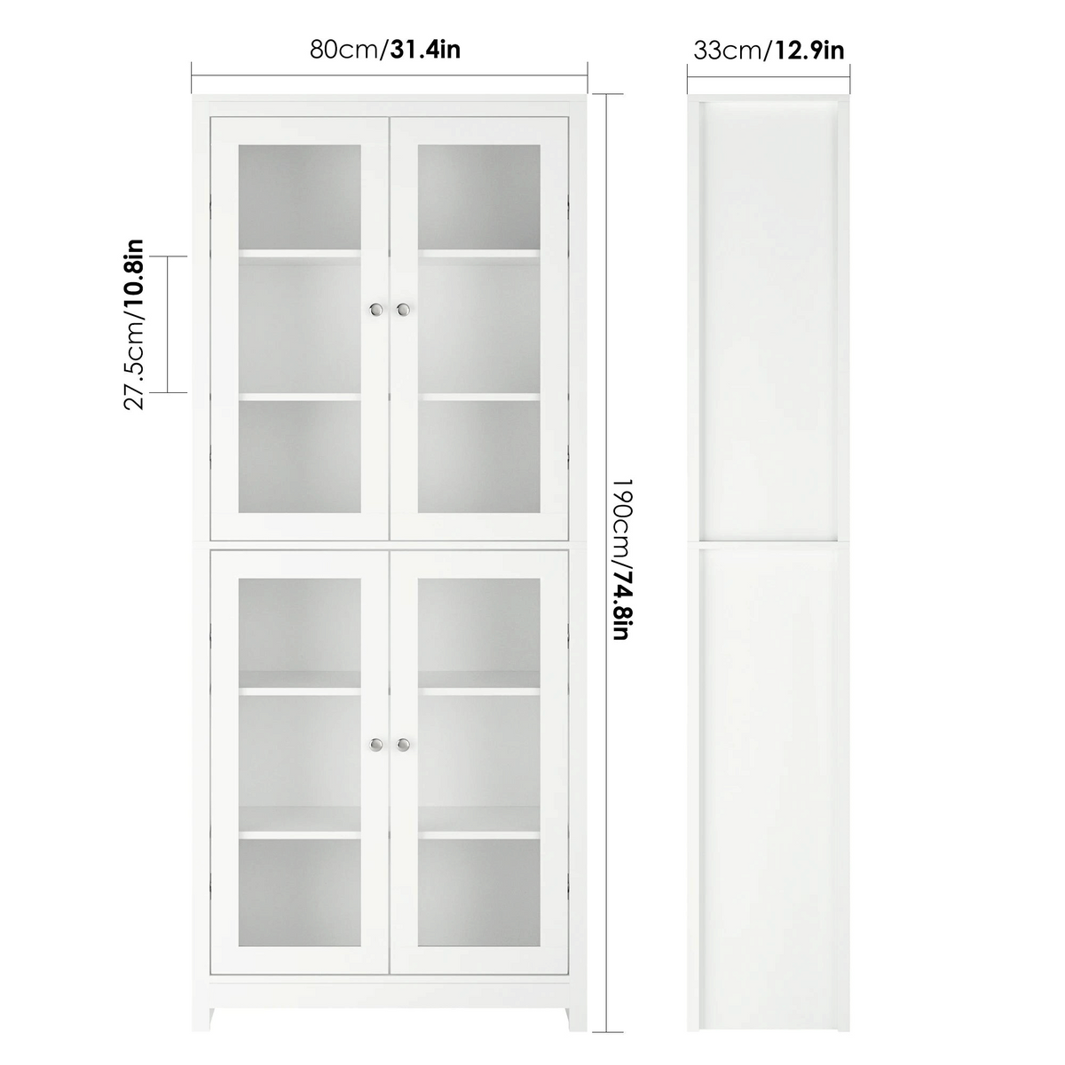 Bibliothèque vitrine blanche Luméa Royaume de L'Étagère avec 4 portes vitrées et dimensions techniques affichées