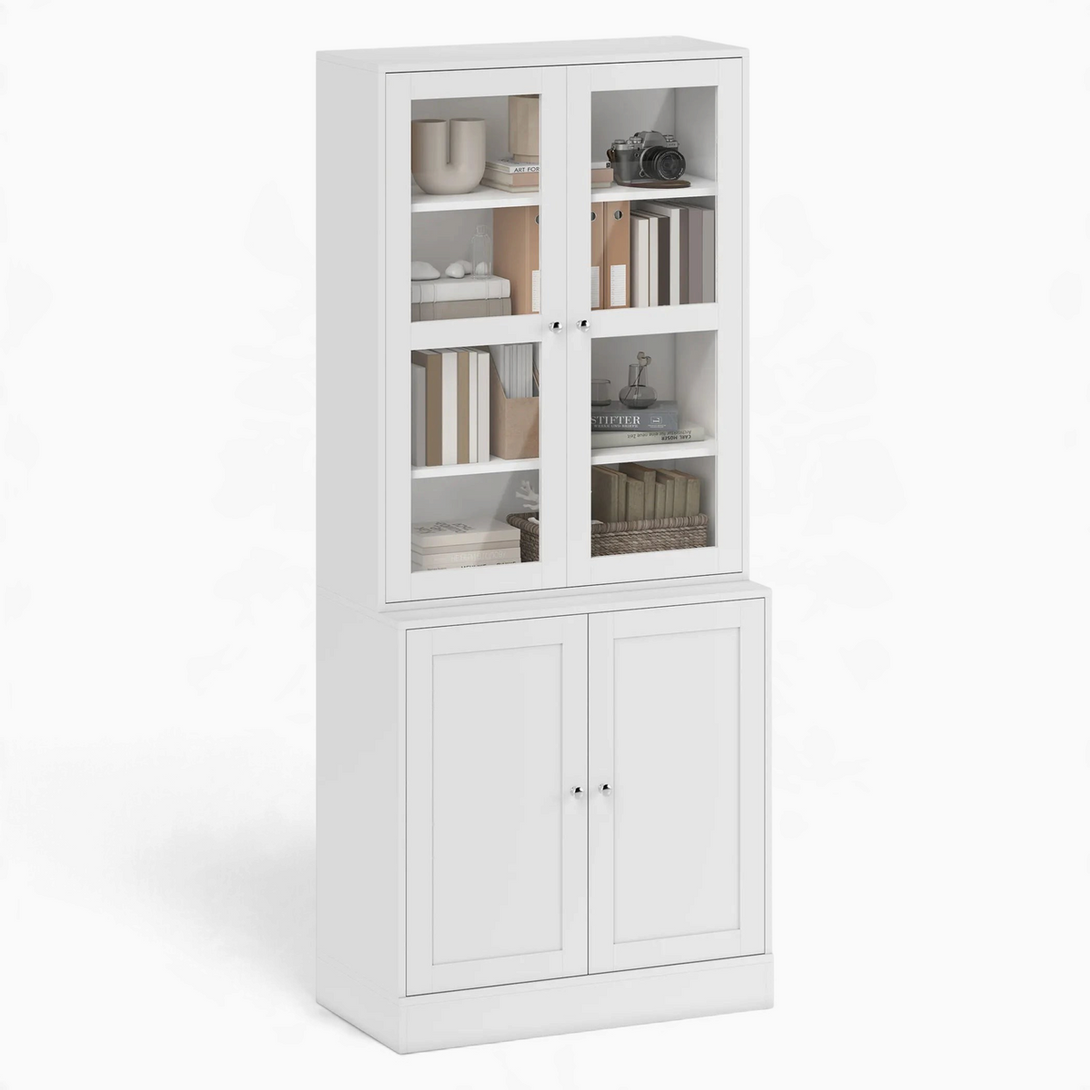 Bibliothèque vitrine blanche Royaume de L'Étagère avec portes vitrées en haut et rangement fermé en bas