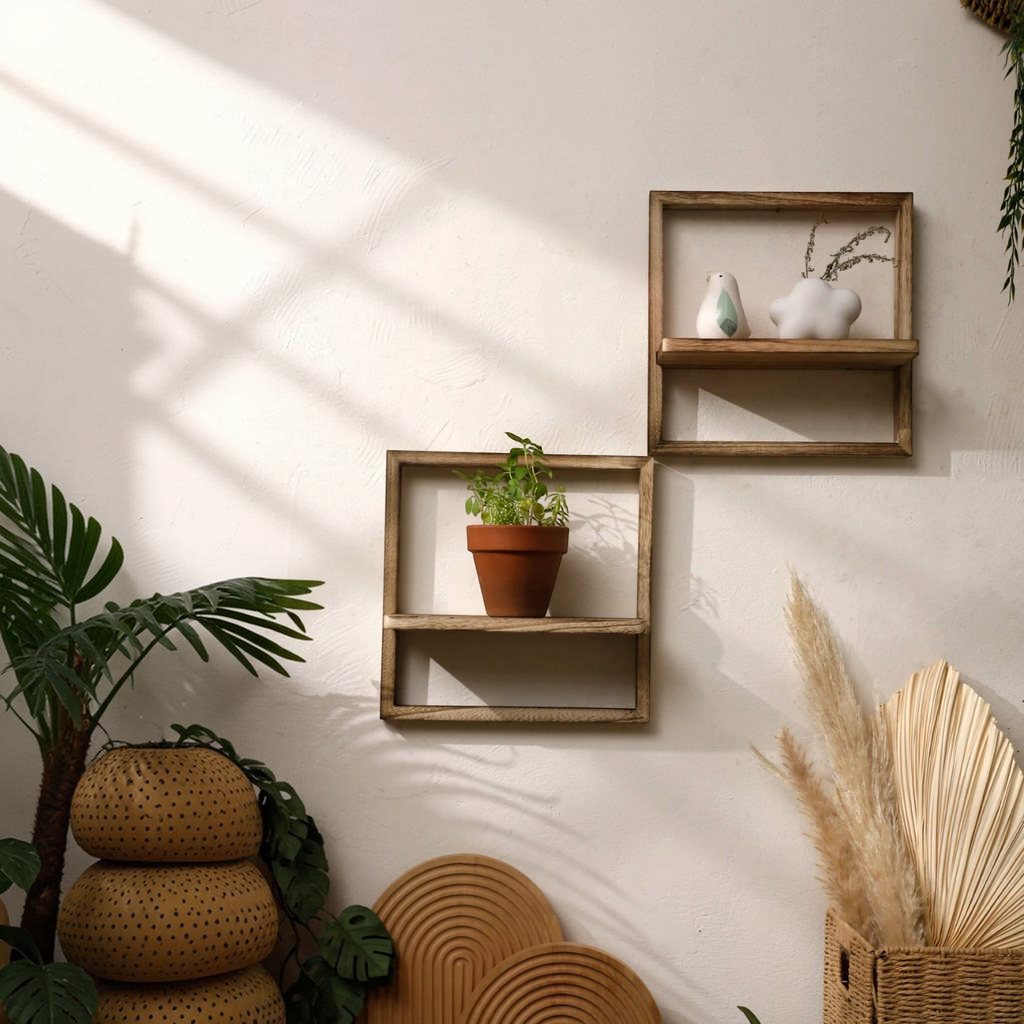 Deux étagères murales géométriques en bois Royaume de L'Étagère décorées avec des plantes et des objets sur un mur blanc