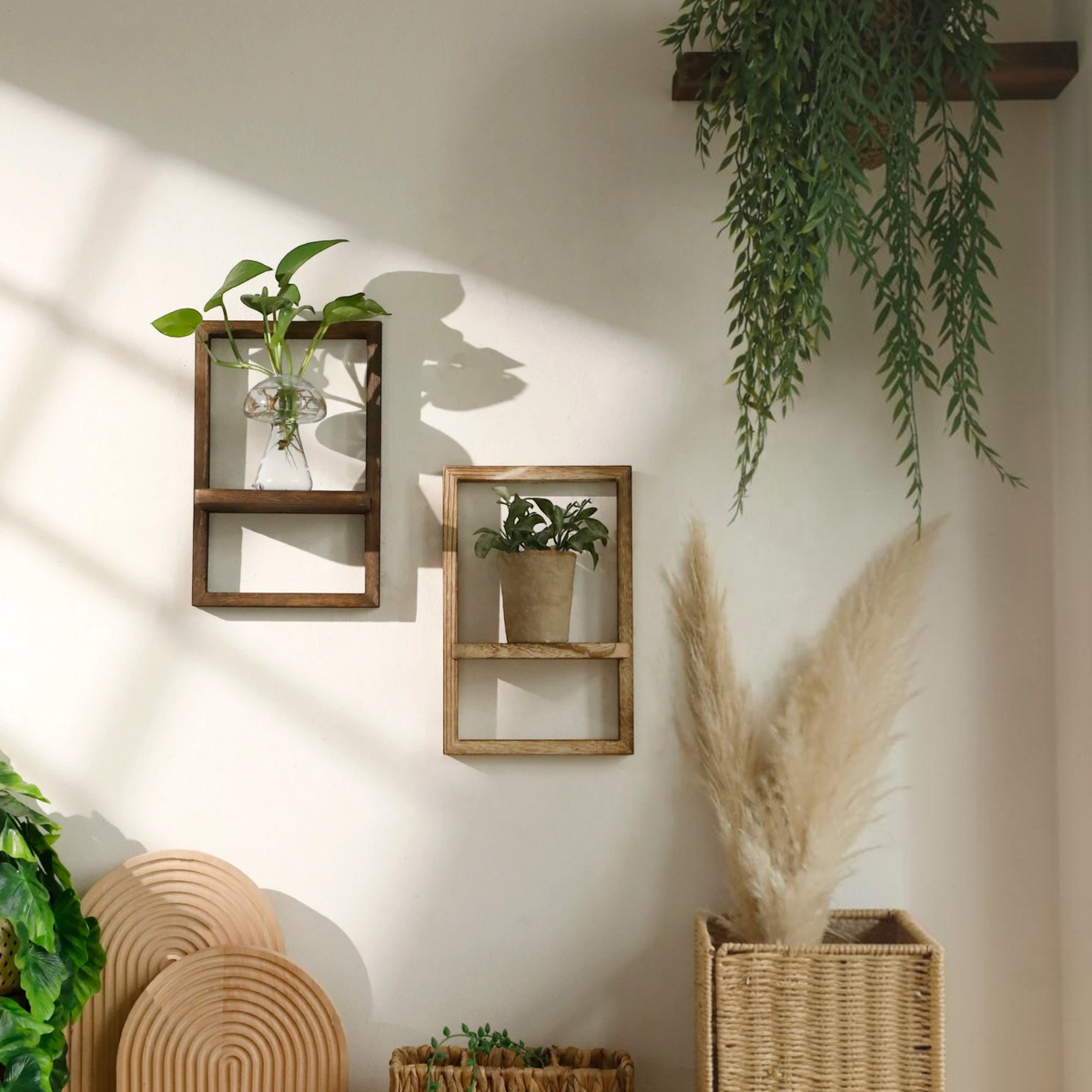 Deux étagères murales géométriques en bois Royaume de L'Étagère décorées avec des plantes sur un mur blanc