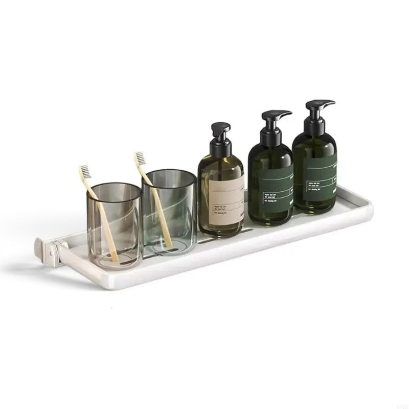 Étagère murale salle de bain pliable blanche Royaume de L'Étagère avec accessoires de toilette et flacons