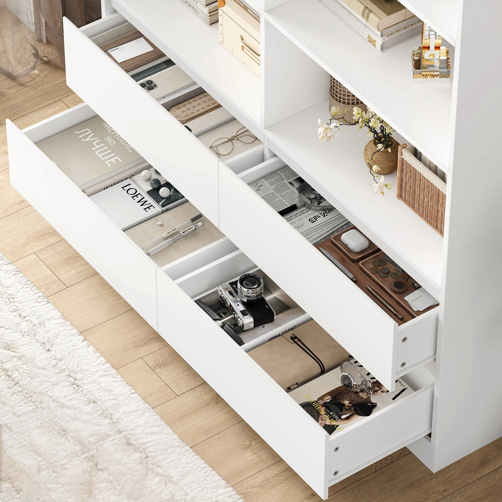 Bibliothèque large blanche Royaume de L'Étagère avec huit niches ouvertes et quatre tiroirs inclinés pour le rangement
