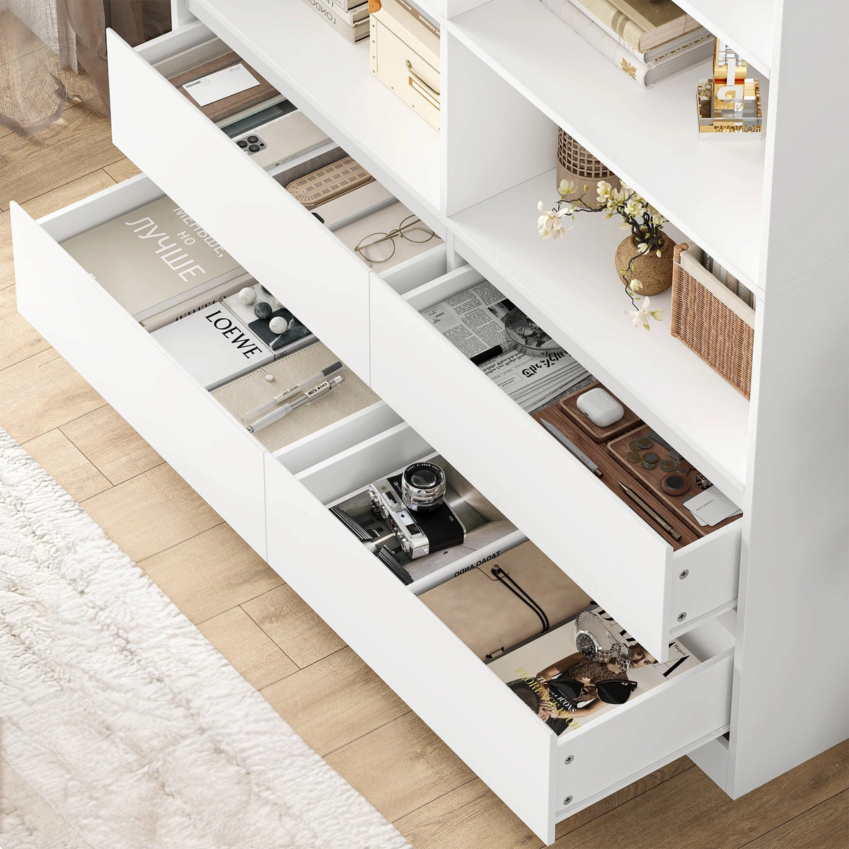 Bibliothèque large blanche Royaume de L'Étagère avec huit niches ouvertes et quatre tiroirs inclinés pour le rangement