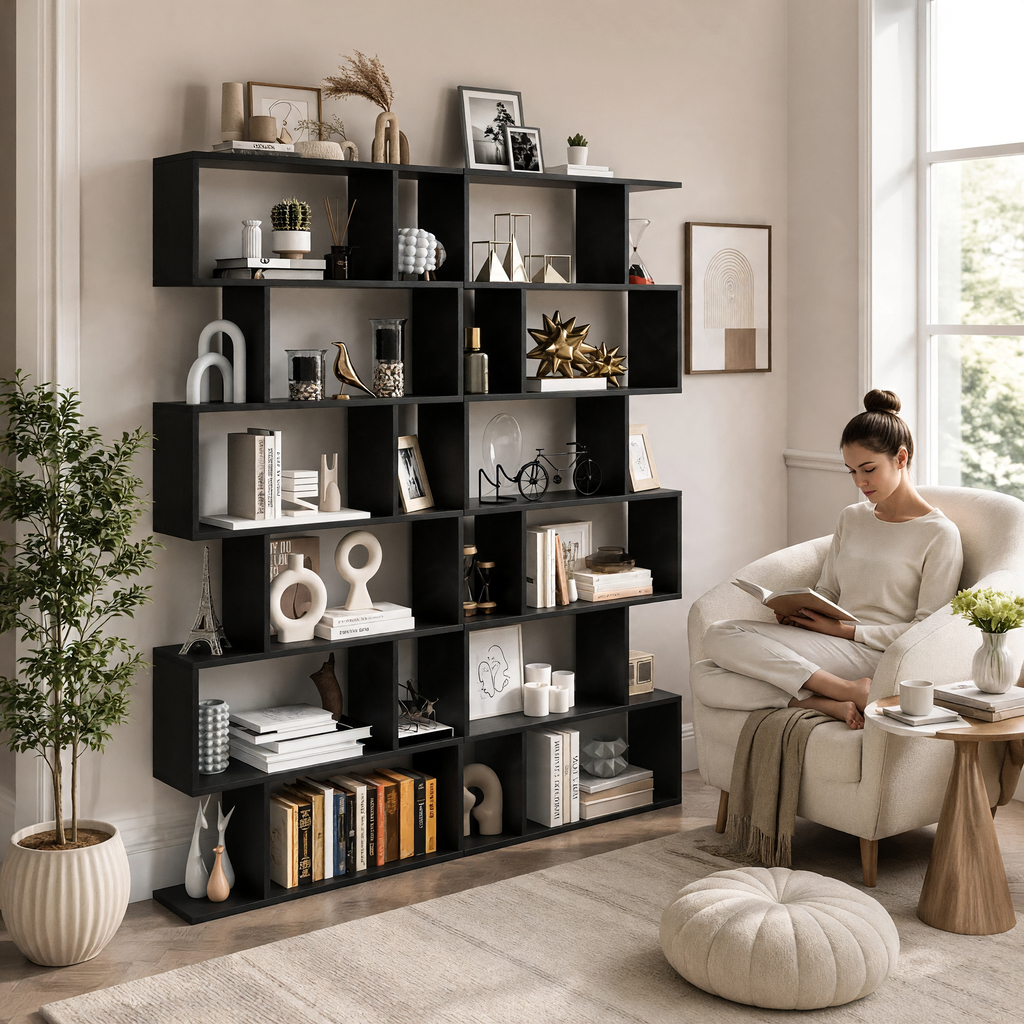Bibliothèque noire moderne Royaume de L'Étagère avec six niveaux de rangement décorée dans un salon lumineux