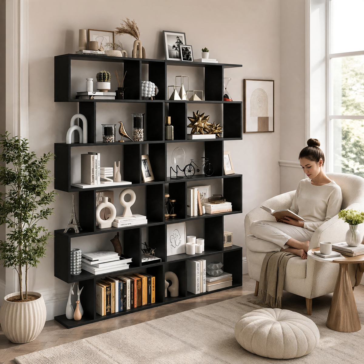 Bibliothèque noire moderne Royaume de L'Étagère avec six niveaux de rangement décorée dans un salon lumineux