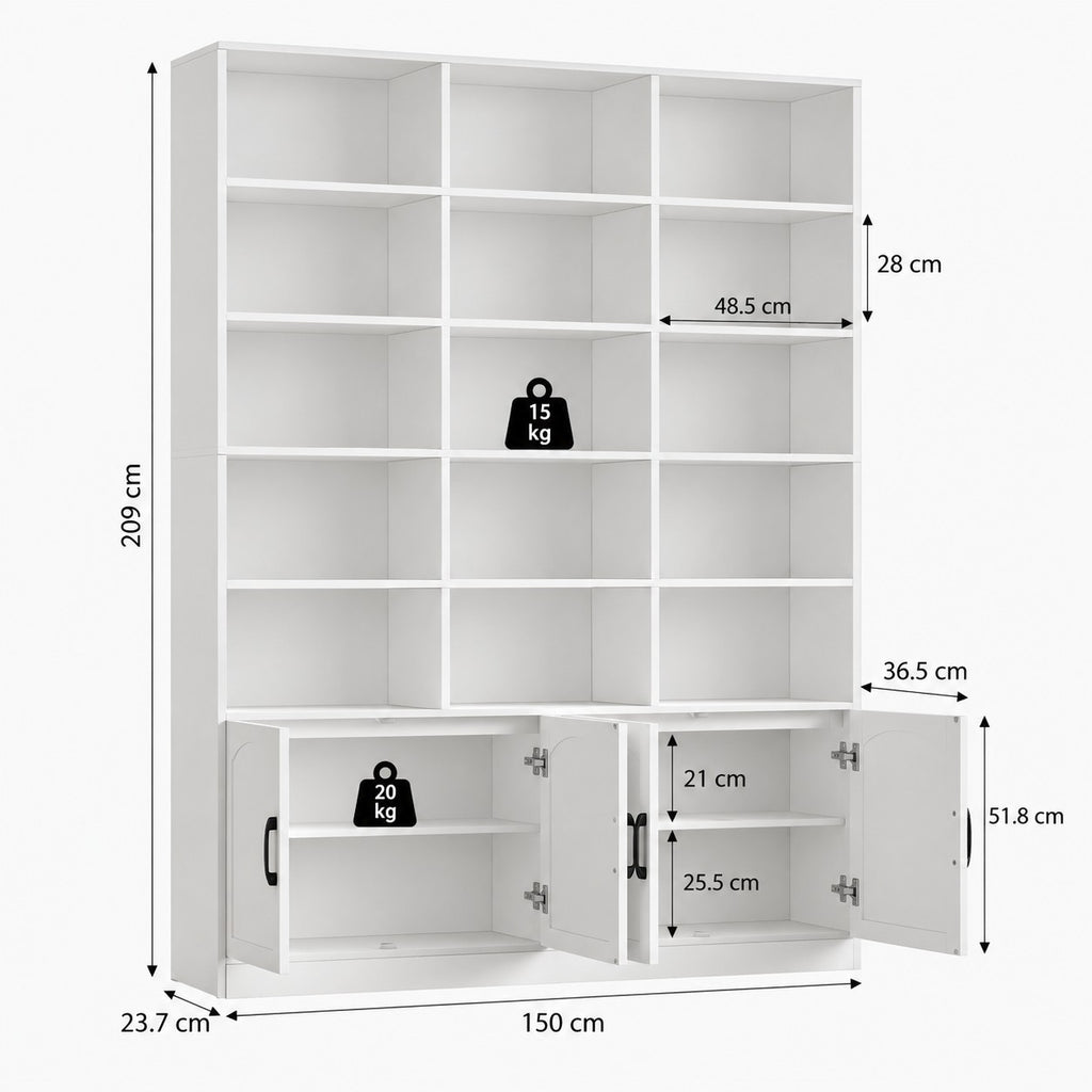 Grande bibliothèque blanche Royaume de L'Étagère Altéa avec 15 niches ouvertes et 4 portes basses, vue technique