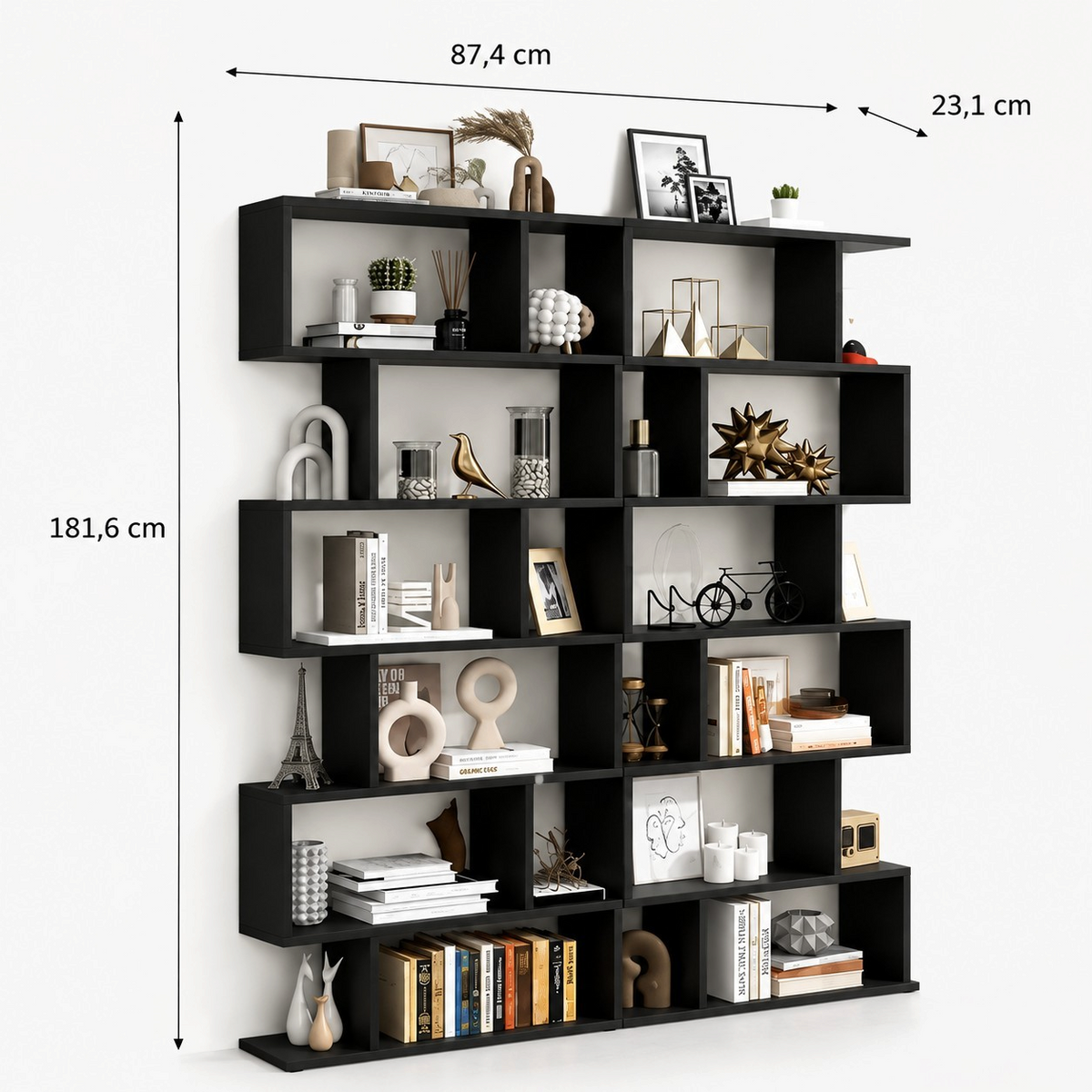 Bibliothèque noire moderne Royaume de L'Étagère avec 6 niveaux de rangement ouverts et design graphique asymétrique