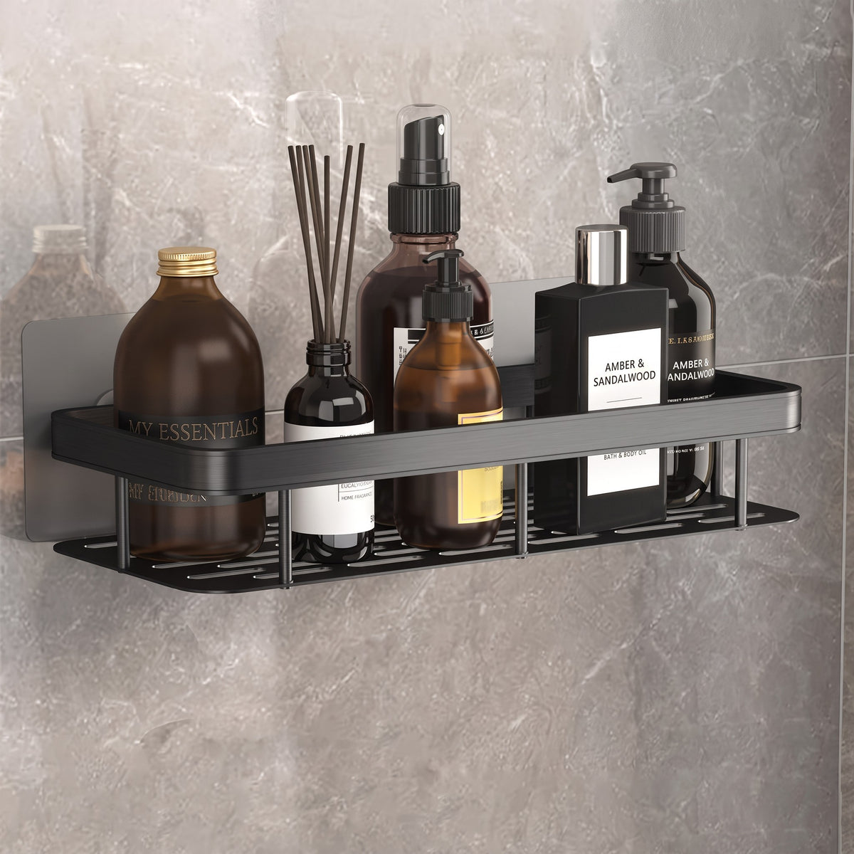 Étagère murale noire Royaume de L'Étagère pour salle de bain, design moderne en métal avec flacons de cosmétiques