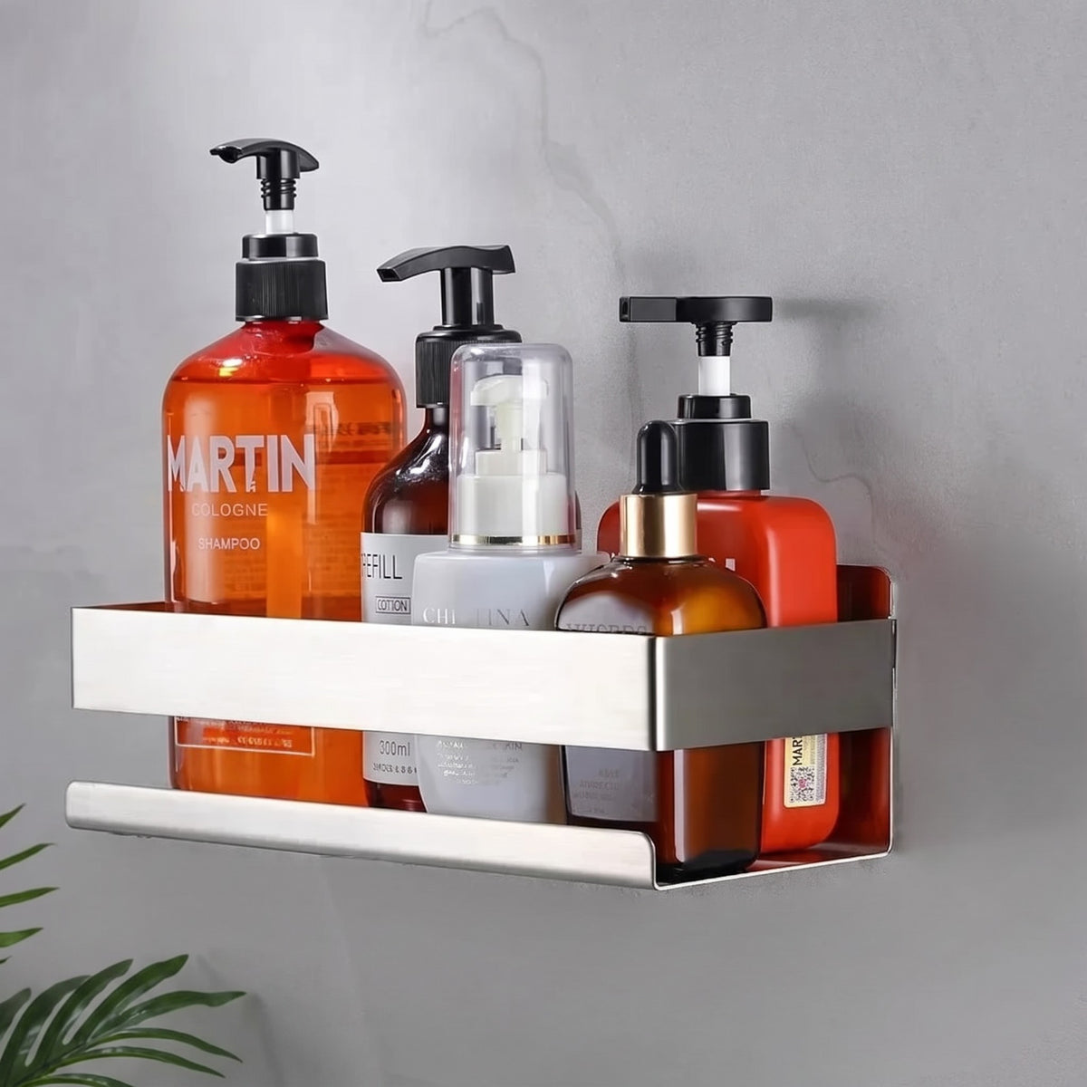 Petite étagère murale salle de bain en acier inoxydable brossé Royaume de L'Étagère avec flacons de produits de beauté