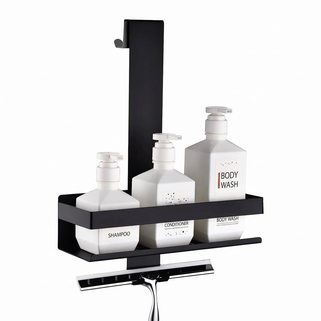Étagère murale de salle de bain noire Royaume de L'Étagère avec support pour flacons et raclette intégrée