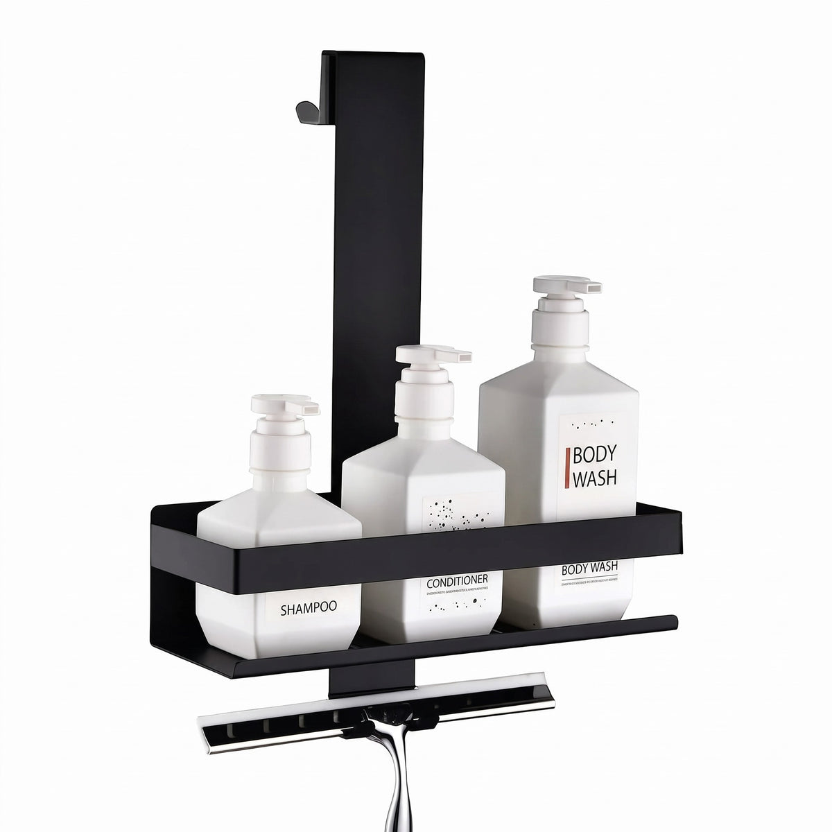 Étagère murale de salle de bain noire Royaume de L'Étagère avec support pour flacons et raclette intégrée
